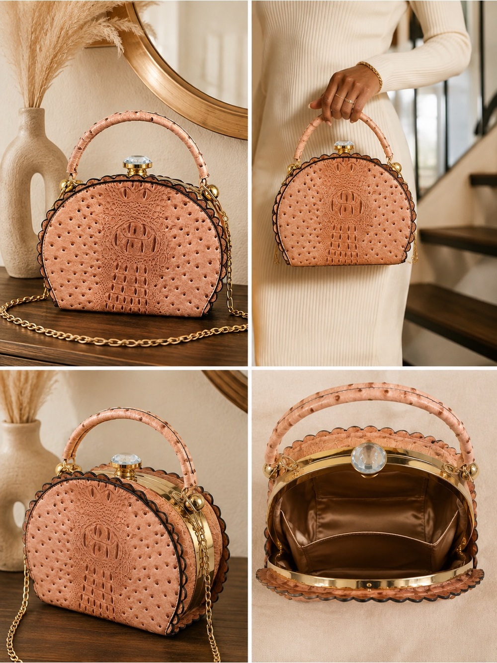 Peach Ostrich-Texture Dome Mini Bag with Crystal Clasp